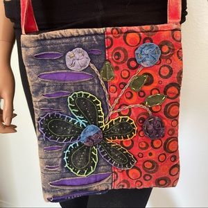 Messenger Crossbody Cotton Bag Appliqué Floral Designer Handmade Nepal Bohemian